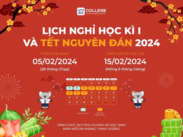 THÔNG BÁO NGHỈ HỌC KÌ I VÀ TẾT NGUYÊN ĐÁN GIÁP THÌN 2024